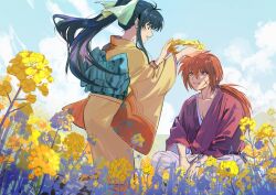  1boy 1girl blue_hair blue_sash blue_sky clouds cloudy_sky commentary_request couple cross_scar flower geolu green_ribbon hair_ribbon hakama hakama_pants head_wreath hetero high_ponytail himura_kenshin japanese_clothes kamiya_kaoru kimono looking_at_another low_ponytail open_mouth orange_hair outdoors pants parted_lips ponytail red_kimono ribbon rurouni_kenshin sash scar scar_on_cheek scar_on_face sitting sky smile wide_sleeves yellow_flower yellow_kimono 