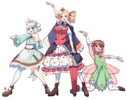  3girls absurdres ahoge aqua_bow aqua_dress aqua_sleeves armpits back_bow black_capelet black_skirt blonde_hair blue_eyes boots bow breasts brown_eyes brown_hair brown_shoes capelet choker commentary curly_hair dark-skinned_female dark_skin densetsu.exe detached_ahoge detached_sleeves dress drill_hair drill_ponytail fairy_wings flat_chest flower gloves gradient_hair green_dress green_sleeves hair_bow hair_flower hair_ornament hand_up high_heel_boots high_heels highres karakasa_obake kneeling large_breasts looking_at_viewer maid maid_headdress mat_(matdesenheiro) medium_hair mint_fantome mint_fantome_(minto_2.0) multicolored_hair multiple_girls oil-paper_umbrella one_side_up open_mouth phoebe_(vtuber) pink_hair polka_dot polka_dot_dress posing raised_fist red_shirt red_vest shirt shoes simple_background single_thighhigh skirt striped_clothes striped_dress thigh-highs triangular_headpiece two-tone_hair umbrella untranslatable_commentary vertical-striped_clothes vertical-striped_dress vest victoria_roman virtual_youtuber white_background white_choker white_gloves white_hair white_thighhighs wings x_hair_ornament 