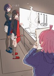  3girls :d apron arrow_(symbol) asaka_karin b1geinu black_hair black_jacket black_pantyhose blue_apron blue_eyes blue_hair blue_jacket blue_slippers chocolate_making_disaster_(meme) clenched_hand commentary crossed_arms frying_pan grey_eyes grey_socks hair_ornament hashtag-only_commentary highres holding holding_sketchbook holding_spatula hood hood_down hooded_jacket jacket kitchen kneehighs long_sleeves looking_at_viewer love_live! love_live!_nijigasaki_high_school_idol_club meme multiple_girls nijigasaki_school_uniform one_side_up open_mouth pantyhose pleated_skirt red_apron red_slippers rina-chan_board school_uniform sketchbook skirt slippers smile socks spatula standing tennoji_rina triangle_hair_ornament untranslatable_commentary white_skirt winter_uniform yuki_setsuna 