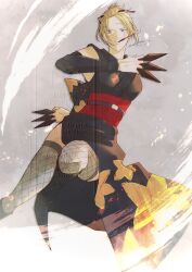  1girl absurdres black_kimono blonde_hair folded_ponytail gintama highres ind_073nao japanese_clothes kimono kiseru kunai nihongami scar scar_on_cheek scar_on_face sleeveless sleeveless_kimono smoking_pipe solo tsukuyo_(gintama) weapon 
