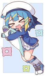  >_< 1girl absurdres blonde_streaks blue_hair blue_jacket blue_shoes blue_wings blunt_bangs blush border closed_eyes commentary_request double-parted_bangs dress duel_monster facing_viewer full_body grey_socks hana_kazari hat highres holding holding_stuffed_toy jacket kneehighs lil-la_(yu-gi-oh!) live_twin_lil-la long_sleeves multicolored_hair open_clothes open_jacket open_mouth outline outside_border shoes short_dress short_hair simple_background socks solo streaked_hair stuffed_animal stuffed_shark stuffed_toy white_border white_dress white_hat white_outline wings yu-gi-oh! 