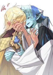  2boys black_hair blonde_hair blue_eyes blue_hair blue_skin blush cape carrying colored_skin cookie_run cookie_run:_kingdom covering_face dress embarrassed gem god624821 gown implied_yaoi looking_at_another male_focus multiple_boys open_mouth pointy_ears princess_carry pure_vanilla_cookie purple_nails shadow_milk_cookie sharp_teeth short_hair simple_background teeth white_background 