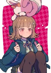  1girl absurdres black_jacket blunt_bangs blush bow brown_hair brown_pantyhose brown_skirt collared_shirt danganronpa_(series) danganronpa_2:_goodbye_despair diaper dress_shirt ear_bow highres hood hood_down jacket long_sleeves medium_hair monomi_(danganronpa) nanami_chiaki neck_ribbon open_clothes open_jacket pantyhose pink_background pink_eyes pink_ribbon pleated_skirt ribbon shirt sitting skirt solo white_background white_shirt youko-shima 