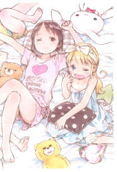  2girls ;( absurdres ana_coppola arm_up armpit_crease barasui bare_arms bare_shoulders barefoot bed_sheet blonde_hair blue_eyes blush border bow bow_hairband brown_eyes brown_hair chemise child clenched_hand closed_mouth clothes_writing collarbone crossed_legs feet frills frown hair_bow hairband hand_to_own_mouth hand_up heart heart_print highres ichigo_mashimaro itou_nobue knee_blush knees_up long_hair looking_at_viewer lying multiple_girls on_back one_eye_closed open_mouth out_of_frame outstretched_arm pajamas pale_color parted_bangs pillow pink_shirt pink_shorts plaid_pillow polka_dot polka_dot_pillow print_shirt print_shorts scan shirt short_hair short_shorts short_sleeves shorts side-tie_shirt sitting sleepover sleepwear sleeveless spaghetti_strap spread_fingers star-shaped_pillow stretching stuffed_animal stuffed_bird stuffed_cat stuffed_rabbit stuffed_toy swept_bangs t-shirt tareme teddy_bear toes wavy_mouth white_border white_bow white_hairband yawning 