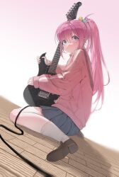  1girl absurdres ahoge blue_eyes blush bocchi_the_rock! brown_shoes closed_mouth commentary cube_hair_ornament electric_guitar gotoh_hitori grey_skirt guitar hair_between_eyes hair_ornament hakkun270 high_ponytail highres holding holding_guitar holding_instrument instrument jacket korean_commentary long_hair long_sleeves pink_hair pink_jacket ponytail shoes sitting skirt sleeves_past_wrists socks solo thighs track_jacket wariza white_socks wooden_floor 