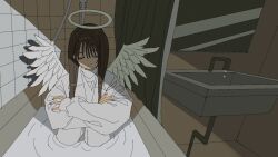  1girl angel angel_wings bathroom bathtub brown_hair closed_eyes clothed_bath collared_shirt crossed_arms fuwa29ne halo high_collar highres in_bathtub indoors knees_up light_smile mirror open_clothes open_shirt original shadow shirt shower_curtain sink sitting solo tile_wall tiles water water_drop wings 