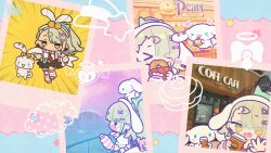  >_< 1girl arm_warmers bandaid bandaid_hair_ornament chibi chibi_only collared_shirt cup doughnut eating food fur-trimmed_skirt fur_trim fuwa_fuwa_cinnamoroll green_eyes green_hair hair_ornament highres holding holding_cup holding_donut holding_food leg_warmers meopun_(meopen429) multiple_hair_clips my_melody_(series) necktie open_mouth pink_arm_warmers pink_leg_warmers red_necktie sanrio shirt skirt striped_arm_warmers striped_leg_warmers sunna_(zenless_zone_zero) white_shirt winged_bag zenless_zone_zero 