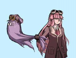 1girl aivy_lovencraft craftito fanart goggles goggles_on_head green_eyes highres indie_virtual_youtuber long_hair monocle otelopen pink_hair simple_background standing virtual_youtuber vtuber vtuberfanart