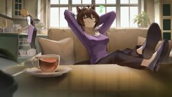  1boy 1girl agnes_tachyon_(casual)_(umamusume) agnes_tachyon_(umamusume) ahoge animal_ears apron arms_behind_head black_pants black_vest breasts brown_hair casual cleaning closed_eyes closed_mouth collarbone commentary couch dishes dishwashing dishwashing_soap earrings faucet feet_on_table feet_up gloves hair_between_eyes highres holding holding_plate holding_sponge horse_ears horse_girl horse_tail indoors jewelry kitchen long_sleeves medium_breasts medium_hair musical_note necklace off-shoulder_shirt off-shoulder_sweater off_shoulder on_couch pants plate purple_apron purple_shirt purple_sweater rubber_gloves sachihiro shirt single_earring sink sitting smile sponge sweater t-head_trainer_(umamusume) tail trainer_(umamusume) umamusume vest white_shirt wolf_cut 