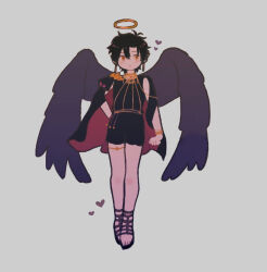  1boy alternate_universe ancient_greek_clothes angel angel_wings antenna_hair armor black_cape black_hair black_sandals black_shirt black_shorts black_wings blush bracelet cape chain cheng_xiaoshi cheng_xiaoshi_(angel) closed_mouth commentary_request earrings feathered_wings full_body gold_bracelet gold_chain gold_necklace gold_thighlet greco-roman_clothes grey_background hair_between_eyes halo hand_on_own_hip heart jewelry looking_at_viewer male_focus necklace official_alternate_costume pauldrons sakainemutai sandals shiguang_dailiren shirt short_hair shorts shoulder_armor simple_background single_pauldron sleeveless sleeveless_shirt solo standing thighlet traditional_halo two-sided_cape two-sided_fabric wings yellow_eyes 