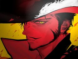  1boy beard close-up closed_mouth dracule_mihawk facial_hair forked_eyebrows hat_feather hat_over_one_eye high_collar male_focus mustache one_piece p_tlnfinder ringed_eyes short_hair solo yellow_background 