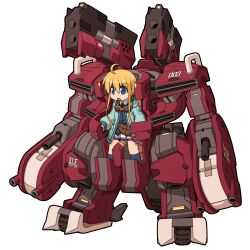  1girl ahoge aqua_jacket belt blonde_hair blue_eyes blue_shirt blue_socks brown_belt cannon deformed eiyuu_densetsu externally_piloted_mecha goggles goggles_around_neck hood hood_down hooded_jacket jacket kneehighs long_sidelocks mecha miniskirt open_clothes open_jacket pleated_skirt robot sen_no_kiseki_(series) sen_no_kiseki_iii shirt short_hair short_hair_with_long_locks sidelocks skirt socks solo tita_russell transparent_background white_skirt yuichirou 