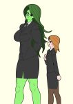  2girls blush breasts formal franschesco glasses height_difference highres jennifer_walters large_breasts long_hair marvel multiple_girls muscle muscular_female pantyhose she-hulk small_breasts suit 
