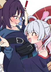  ! 2girls :d @_@ ^_^ absurdres bare_shoulders barurun_pen blue_hair blue_hoodie blue_kimono cho_kaguya-hime! closed_eyes colored_inner_hair commentary criss-cross_halter flustered green_eyes hair_ornament hair_rings hair_stick halterneck hands_up heart highres hood hood_down hoodie hug japanese_clothes kimono long_sleeves medium_hair multicolored_hair multiple_girls off_shoulder oil-paper_umbrella open_mouth pink_hair purple_hair red_umbrella runami_yachiyo sakayori_iroha simple_background smile surprise_hug surprised umbrella white_background yuri 