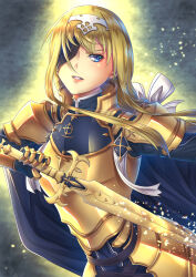  1girl abstract_background alice_zuberg aqua_background armor blonde_hair blue_armor blue_cape blue_coat blue_eyes cape coat commentary cuirass english_commentary fragrant_olive_sword gauntlets glowing gold_armor hair_between_eyes headpiece highres holding holding_sword holding_weapon knight light_particles lips long_hair long_sidelocks looking_at_viewer one_eye_covered osmanthus_blade parted_lips pauldrons shoulder_armor sidelocks solo sword sword_art_online sword_art_online:_alicization tassets turtleneck_coat two-tone_armor upper_body v-shaped_eyebrows weapon white_trim zephx 