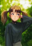  1girl bangs black_choker blue_eyes blue_shirt blurry blurry_background brown_hair choker closed_mouth day green_background hair_tie highres jewelry jungon_kim light_frown long_sleeves looking_to_the_side original pendant pocket shirt shirt_pocket short_hair solo twintails upper_body 