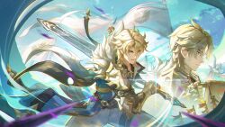  1boy armor banner blonde_hair blue_coat blue_eyes closed_mouth coat commentary_request cowboy_shot cup fighting_stance fur_trim gauntlets genshin_impact gest_of_the_mighty_wolf_(genshin_impact) highres holding holding_cup holding_sword holding_weapon looking_at_viewer male_focus manyu_chapaofan multiple_views open_mouth pants pauldrons scar scar_on_face short_hair shoulder_armor sword varka_(genshin_impact) weapon white_pants 