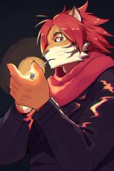  1boy animal_ears black_background claws commentary_request from_side furry furry_male jacket leather leather_jacket lighter lighting_cigarette looking_at_viewer male_focus nomad_(housamo) red_eyes red_scarf scarf tiger_boy tiger_ears tiger_stripes tokyo_afterschool_summoners upper_body whiskers yow 
