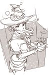  1girl bracelet breasts cleavage detached_sleeves from_above hat highres ink_(medium) jewelry jonathan_hamilton medium_breasts midriff monochrome neck_ring original short_shorts shorts smile solo traditional_media witch_hat 