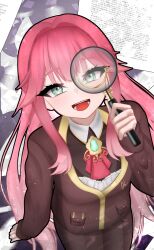 1girl absurdres aivy_lovencraft fanart green_eyes highres indie_virtual_youtuber long_hair looking_at_viewer magnifying_glass monocle n4hkz pink_hair simple_background smile virtual_youtuber vtuber vtuberfanart