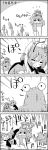  2girls 4koma antennae cape comic fleeing greyscale hat highres letty_whiterock lily_white megaphone monochrome multiple_girls muscle on_head person_on_head pyonta scarf stretch tani_takeshi touhou translation_request wings wriggle_nightbug yukkuri_shiteitte_ne 