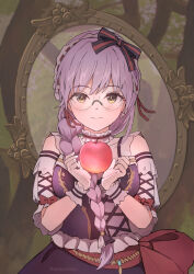  1girl amayomiyu apple commentary_request food fruit glasses green_eyes heaven_burns_red holding holding_food holding_fruit izumi_yuki_(heaven_burns_red) long_hair mirror purple_hair 