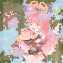 1girl absurdres aivy_lovencraft cake craftito fanart food goggles green_eyes highres indie_virtual_youtuber long_hair monocle pink_hair smile virtual_youtuber vtuber vtuberfanart yes_its_amy