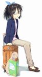  1girl animal black_hair blue_bow blue_eyes book bow character_request glasses hair_bow otter ponytail rolling_suitcase suitcase sutorora 