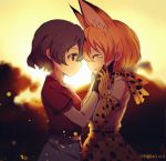  2girls animal_ears cat_ears cat_tail closed_eyes from_side hand_on_another&#039;s_face happy kemono_friends looking_at_another multiple_girls no_hat no_headwear open_mouth outdoors serval_(kemono_friends) serval_ears serval_print serval_tail smile spoilers standing sunset tail tears yaoshi_jun 