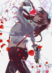  1girl absurdres brown_hair commentary_request flower gun heaven_burns_red highres holding holding_gun holding_weapon leia_1213 long_hair petals red_eyes red_flower red_rose rose rose_petals stomach weapon yanagi_mion 