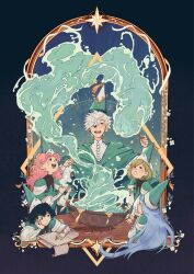  1boy 4girls age_difference agott_arklaum_(tongari_boushi_no_atelier) black_eyes black_hair blonde_hair blue_hair blush bonny_apetite casting_spell child cloak closed_mouth coco_(tongari_boushi_no_atelier) commentary english_commentary fluffy_hair glasses hat hat_tassel highres long_hair magic medium_hair multiple_girls open_mouth pink_hair qifrey's_atelier_apprentice_uniform qifrey_(tongari_boushi_no_atelier) quill richeh_(tongari_boushi_no_atelier) short_hair teacher_and_student teeth tetia_(tongari_boushi_no_atelier) tongari_boushi_no_atelier very_long_hair water white_hair 