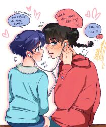 1boy 1girl black_hair blue_eyes blue_hair brown_eyes english_commentary english_text garnel_(letsgotomato11) hetero highres listening_to_music ranma_1/2 saotome_ranma short_hair tendou_akane thank_you 