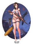  anklet artist_signature barefoot bikini bolt_action breasts brown_hair character_name cleavage fish frilled_bikini frills gun hair_ornament hair_over_one_eye hairclip headphones headphones_around_neck highres jewelry looking_at_viewer m1903_springfield ocean orange_eyes pacific rifle scope short_hair sima_naoteng skindentation smile swimsuit thigh_strap torpedo trigger_discipline uss_tautog_(ss-199) watch weapon 