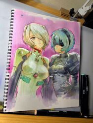  2b_(nier:automata) 2girls art_tools_in_frame ayanami_rei ayanami_rei_(cosplay) black_dress black_hairband blindfold blue_hair bodysuit cosplay costume_switch crossover dress feather-trimmed_sleeves feather_trim grey_hair hairband hairpods highres interface_headset_(evangelion) marker_(medium) mecha_pilot_suit mole mole_under_mouth multiple_girls neon_genesis_evangelion nier:automata nier_(series) plugsuit_(evangelion) rodrigo_yoshimiya smile traditional_media white_bodysuit white_hair 