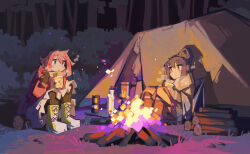  2girls :o abstract axe black_sky boots bottle box brown_eyes brown_hair brown_jacket brown_pants brown_scarf bush campfire camping cape check_clothing chopsticks closed_mouth clothing_request commentary double-parted_bangs eating english_commentary firewood food grass green_eyes grey_cape hair_between_eyes hair_bun highres holding holding_chopsticks instant_cup_noodles instant_noodles jacket kagamihara_nadeshiko knee_boots knees_up light_blush light_smile long_hair long_sleeves looking_at_another multicolored_boots multiple_girls night noodles open_mouth outstretched_legs pants pink_hair pink_jacket planted planted_axe purple_light ramen red_pants rock scarf shima_rin shirt sitting sky sparks spiky_hair steam tent togekk0 tree two-tone_boots white_boots white_shirt yellow_boots yellow_light yuri yurucamp 