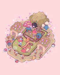  2girls bellsprout black_hair blue_shirt brown_hair bucket_hat charmander erika_(pokemon) flower flower_pot gloom_(pokemon) grass hat highres holding holding_poke_ball jumpluff leaf_(pokemon) leaphere long_hair multiple_girls oddish pidgeot poke_ball poke_ball_(basic) pokemon pokemon_frlg pokemon_lgpe red_skirt shirt shoes skirt socks sparkle standing tangela tree vileplume weepinbell white_hat white_shoes 