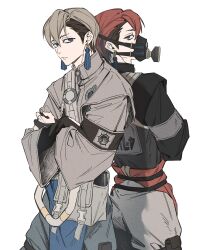  2boys absurdres back-to-back black_hair black_jacket blonde_hair blue_sash commentary_request cowboy_shot crossed_arms dual_persona earrings gachiakuta gas_mask grey_bag grey_jacket highres jacket jewelry korean_commentary mask multiple_boys muoo910 official_alternate_color official_alternate_hair_color pants pouch red_hair sash simple_background tassel tassel_earrings undercut white_background white_pants zanka_nijiku 