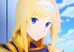  1girl absurdres alice_zuberg armor axiom_church_central_cathedral blonde_hair blue_armor blue_eyes blue_jacket blue_sky closed_mouth clouds cloudy_sky commentary cuirass day emoemon gold_armor head_tilt headband highres jacket long_sidelocks looking_at_viewer outdoors pauldrons portrait shoulder_armor sidelocks sky smile solo sword_art_online sword_art_online:_alicization turtleneck turtleneck_jacket white_headband 