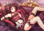  1girl absurdres artist_name bangs bow bracelet character_name choker cosplay couch dated demon demon_horns finger_to_mouth fishnet_legwear fishnets flower fularika gem gloves hair_bow half-closed_eyes highres horns jewelry lace lace-trimmed_gloves lace-trimmed_thighhighs love_live! love_live!_school_idol_project microskirt midriff navel open_mouth pink_rose pitchfork polka_dot polka_dot_bow purple_rose reclining red_gloves red_rose rose scepter skirt solo suspenders thigh-highs tiara twintails watermark web_address yazawa_nico 