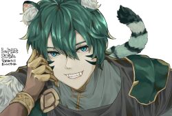  1_27_064_sf90 1boy animal_ears commentary_request ephraim_(fire_emblem) ephraim_(sky_lance)_(fire_emblem) fangs fire_emblem fire_emblem:_the_sacred_stones fire_emblem_shadows head_on_hand highres looking_at_viewer male_focus mixed-language_commentary smile tail tiger_boy tiger_ears tiger_stripes tiger_tail translation_request white_background 