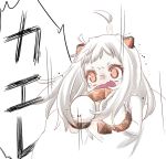  1girl fang fujisaki_yuu_(faint_wistaria) go_back! holding horns kantai_collection long_hair mittens northern_ocean_hime open_mouth orange_eyes shinkaisei-kan solo tears white_hair 