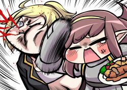  2girls anger_vein angry armor black_jacket blonde_hair blood blue_eyes blush brown_hair chibi closed_eyes commentary_request cropped_shirt delraich66 elf emphasis_lines grey_armor hairband highres holding holding_plate jacket kanna_(trickcal) katsu_(food) long_hair midriff mini_flag multiple_girls navel open_mouth plate pointy_ears ponytail punching rohne_(trickcal) shirt tearing_up trickcal upper_body white_background white_shirt yellow_hairband 