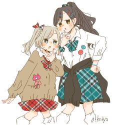  2girls :o alternate_costume aqua_bow aqua_bowtie aqua_skirt badge black_hair blue_eyes blue_nails blush bow bowtie brown_cardigan button_badge cardigan ceras_yanagida_lilienfeld collared_shirt commentary_request edel_note feet_out_of_frame grey_hair gyaru hair_bow hair_ornament hairclip heisei_gals!!!!_(love_live!) high_ponytail karaoke_hasu_no_sora kase_(ks_lys) katsuragi_izumi kogal link!_like!_love_live! lone_nape_hair long_sleeves looking_at_viewer loose_socks love_live! miniskirt multiple_girls open_mouth orange_nails parallel_hairclips plaid_bow plaid_bowtie plaid_clothes plaid_skirt pleated_skirt ponytail red_bow red_bowtie red_skirt school_uniform shirt side_ponytail simple_background skirt socks standing unmoving_pattern virtual_youtuber w w_over_mouth white_background white_shirt white_socks yellow_eyes 