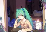  1girl blush breasts clothes collarbone desk earphones eraser eyelashes green_hair guitar_case hair_ribbon hatsune_miku indoors instrument_case leaf long_hair long_sleeves one_eye_closed pencil ribbon room shelf shirt sitting solo twintails vocaloid window zhayin-san 