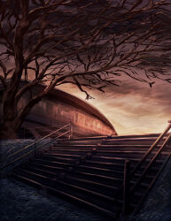  absurdres bare_tree clouds cloudy_sky commentary_request highres morning no_humans original outdoors pizza_(pddc8233) scenery sky stairs tree 