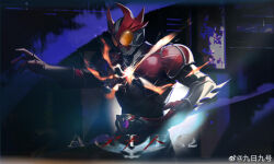  1other absurdres altering_(agito) armor armored_bodysuit character_name chinese_commentary commentary_request compound_eyes cracked_armor glowing_cracks hand_up highres horns jiuri_jiuhao kamen_rider kamen_rider_agito kamen_rider_agito_(burning_form) kamen_rider_agito_(series) light_in_heart male_focus multiple_horns red_armor red_horns rider_belt shoulder_armor spiked_gauntlets upper_body watermark weibo_username weibo_watermark yellow_eyes 
