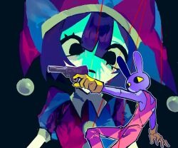  1boy 1girl 7szndc black_background black_eyes blue_hat collared_shirt colored_sclera colored_skin gloves gun hashtag-only_commentary hat hat_bell holding holding_gun holding_weapon jax_(the_amazing_digital_circus) jester jester_cap jester_costume no_mouth no_nose open_mouth outline overalls pink_overalls pomni_(the_amazing_digital_circus) puffy_sleeves purple_hair purple_skin rabbit_boy red_hat shirt short_hair simple_background string string_of_fate the_amazing_digital_circus two-tone_hat weapon white_outline yellow_gloves yellow_sclera 