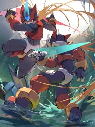  2boys absurdres armor battle blonde_hair commentary_request energy_sword helmet highres holding holding_sword holding_weapon light_trail long_hair male_focus mega_man_(series) mega_man_zero_(series) mega_man_zero_3 midair multiple_boys omega_(mega_man) omochi_(mochi_skymega) red_armor red_eyes red_helmet standing standing_on_liquid sword weapon z_saber zero(z)_(mega_man) zero_(mega_man) 
