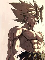  1boy abs absurdres blood blood_on_face dragon_ball dragon_ball_z highres muscular muscular_male orange_pants pants pato007711 simple_background solo son_goku spiky_hair super_saiyan super_saiyan_1 topless_male 