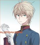  1boy adjusting_clothes adjusting_gloves akuta_michi aldnoah.zero bangs blue_eyes copyright_name double-breasted expressionless eyebrows_visible_through_hair gloves gradient gradient_background hair_between_eyes image_sample long_sleeves looking_at_viewer male_focus military military_uniform multicolored multicolored_background parted_lips pixiv_sample silver_hair slaine_troyard solo two-tone_background uniform upper_body white_gloves 